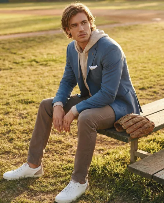 Colombo sport coat, luxury hoodie, Jacob Cohën trousers, and Santoni shoes styled for relaxed yet sophisticated Father's Day dressing.