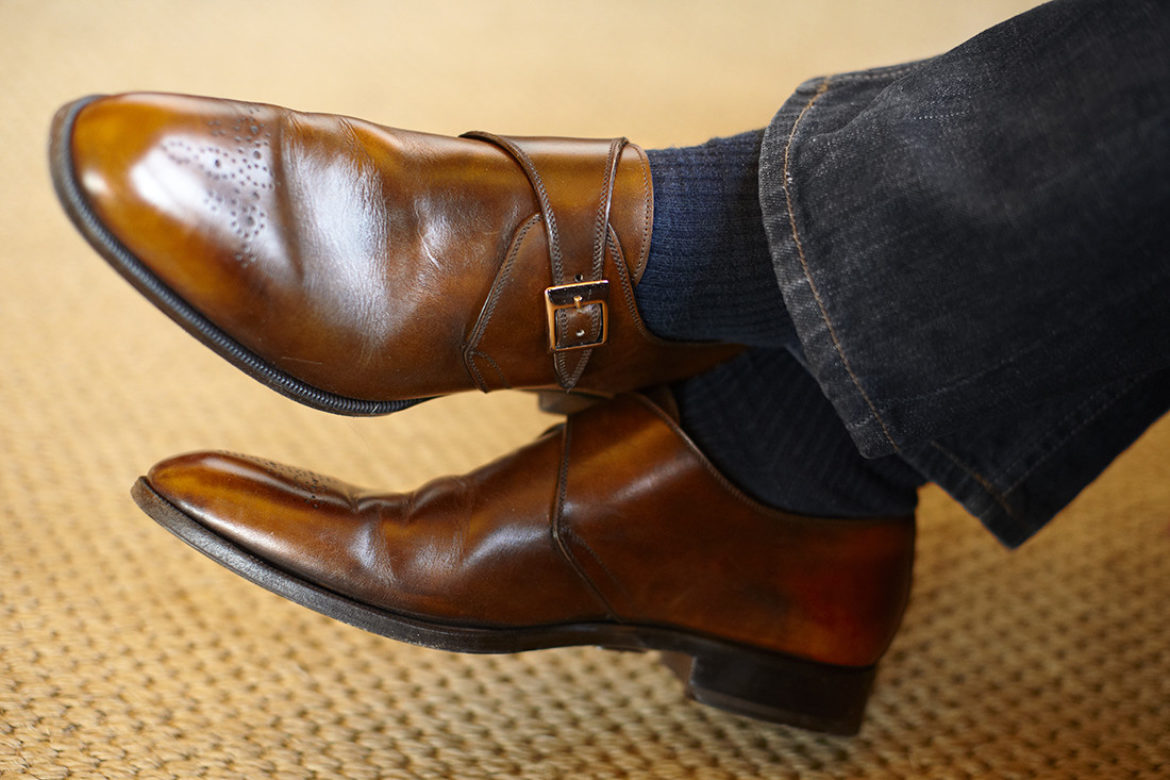 single monk strap shoes with jeans